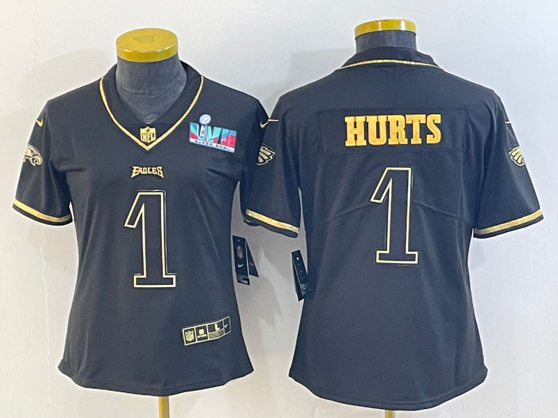 Women's Philadelphia Eagles #1 Jalen Hurts Black Golden Edition Super Bowl LVII Patch Stitched Football Jersey(Run Small)